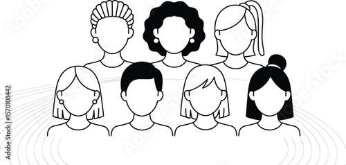 Illustrated group of diverse people with various hairstyles in black and white