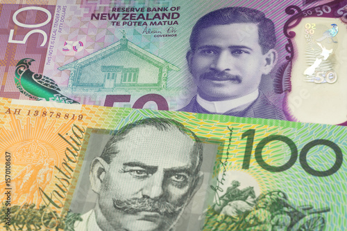 Wallpaper Mural 50 New Zealand dollar and 100 Australian dollar banknotes. International trade concept Torontodigital.ca
