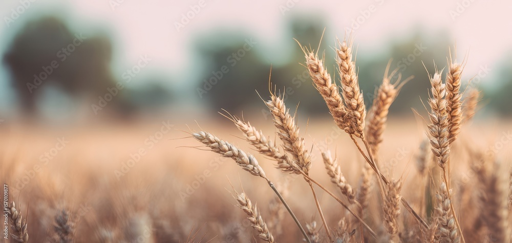 Fototapeta premium The golden wheat swaying gently in the evening breeze at sunset.