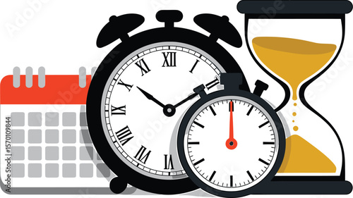 Illustration showing calendar alarm clock stopwatch and hourglass on white background
