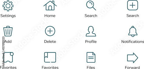 A collection of simple line icons representing common app functions on white background