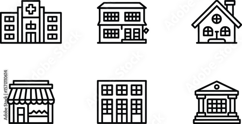 A collection of building icons including a hospital house shop and bank on white