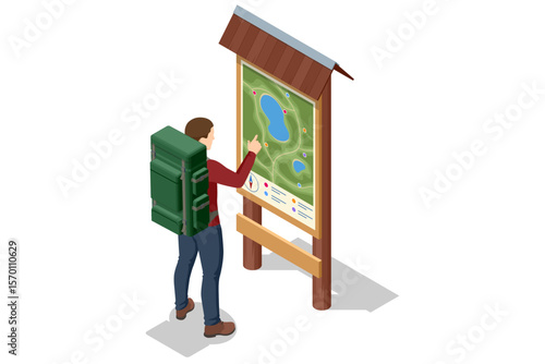 Isometric hiking scene. A backpacker chooses a direction at a trail junction and checks a large map. Concept of hiking, navigation, and outdoor exploration in forest or mountain areas.