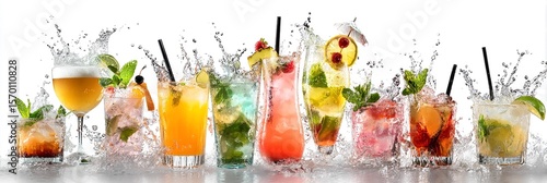 Cocktails Splash. Fresh drinks get splash, for menu, party invitation, bar advertisement.