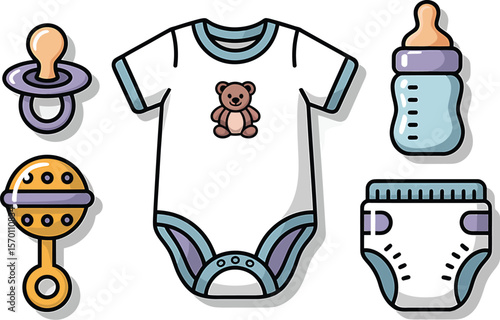 A collection of baby items including a onesie, rattle, and a baby bottle icon