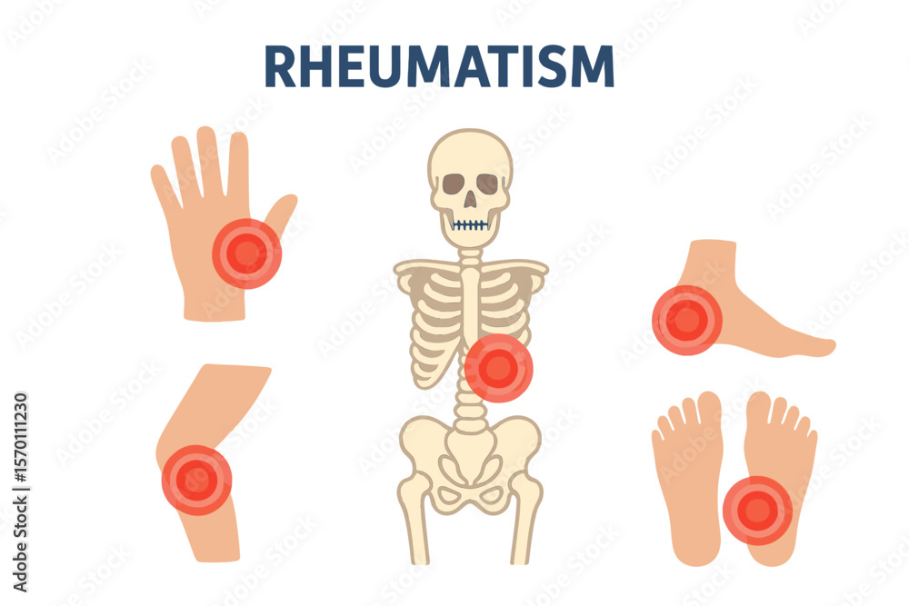 Obraz premium A medical set for rheumatism or rheumatic disorders, including arthritis and joint pain syndrome, is depicted with pain rings on various body parts such as the hand, leg, feet, spine, skull, and