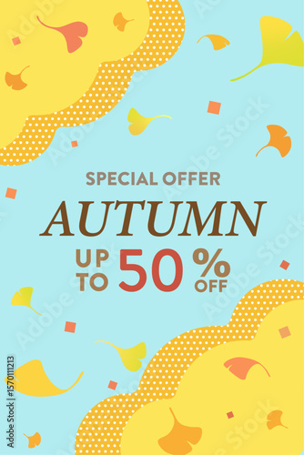 秋のポップな背景素材 ( イチョウ　フレーム　見出し　タイトル　背景　秋風　秋空　紅葉 )