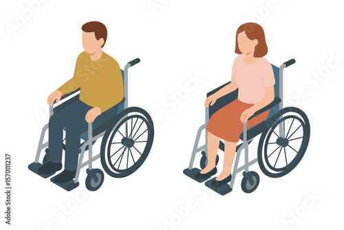 The concept of healthcare is represented by an isolated isometric wheelchair, a man and woman in a wheelchair, and medical support equipment
