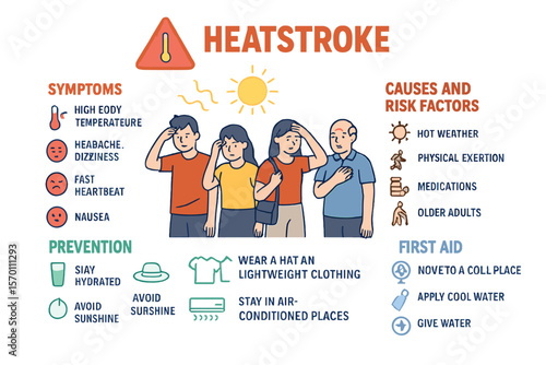 Vector flat illustration depicting a group of people standing together in hot weather, accompanied by an infographic on heatstroke symptoms, prevention, causes, risk factors, and first aid treatment
