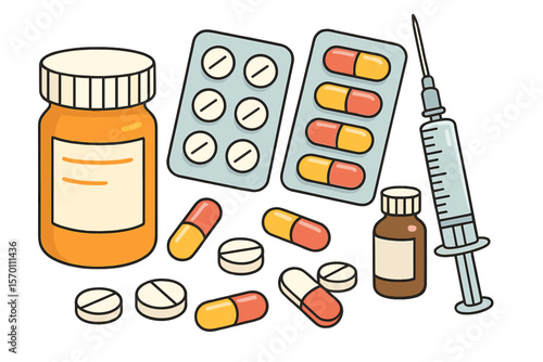Medical illustrations of medications, including tablets, capsules, and prescription bottles, are featured alongside blisters, syringes, and painkillers in a vector pharmacy set