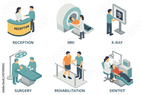 A set of isometric 3D vector illustrations includes reception, mrt, x-ray, surgery, rehabilitation, and dentist
