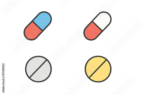 Vector set of pill and capsule medicine icons for medical and pharmacy use, including antibiotic prescription and tablet signs for web and app illustration