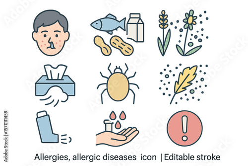 Hypersensitivity of the immune system is depicted in an icon set representing allergies and allergic diseases through linear icons