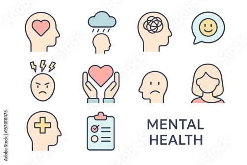 A collection of mental health icons is presented in a thin linear style as part of an icon pack, created as a vector illustration
