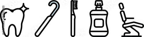 A dental hygiene illustration featuring a tooth, tools, mouthwash, and a chair