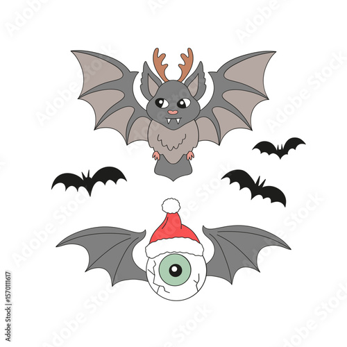 Retro Groovy Whimsical Spooky Halloween Christmas Fusion Vector Illustration Set Featuring a Bat with Reindeer Antlers and an Eyeball in a Santa Hat with Bat Wings. Ideal for alternative holiday