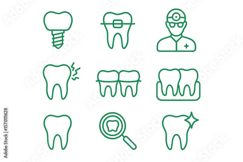 Vector illustration of dental care line icons, including implant, braces, dentist, toothache, aligners, veneers, and tooth outline pictogram for a stomatology clinic, in green color with editable
