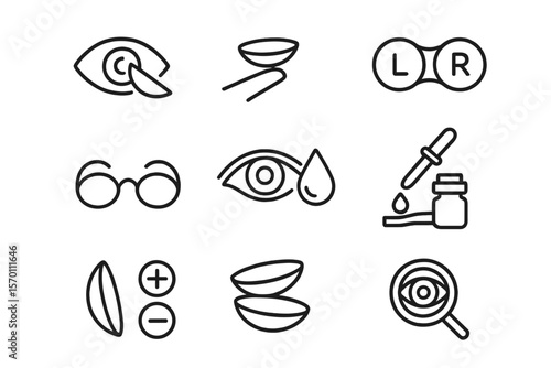 Icons related to the eye lens are available as a thin vector icon set in a black and white kit