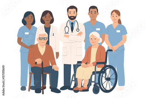 Elderly individuals accompanied by a team of professional caregivers and doctors