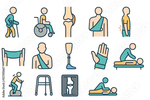 Collection of icons representing medical rehabilitation and orthopedic products