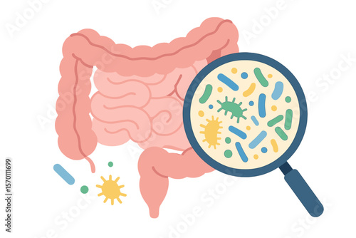 The concept of the gut microbiome is represented by an illustration of human intestine microbiota featuring healthy probiotic bacteria in a flat abstract medical design for a microbiology checkup