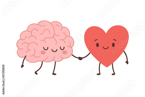 A cartoon depiction of a pink brain and heart clasped hands, symbolizing harmony between mind and soul, set against a plain white backdrop, presented as a flat vector illustration with a comedic tone