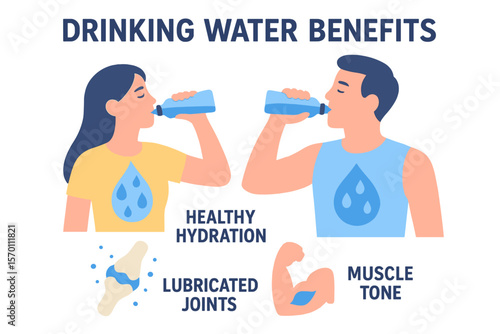 The benefits of drinking water are numerous, including healthy hydration for the human body, as depicted in a vector illustration set of men and women consuming water, highlighting its role in