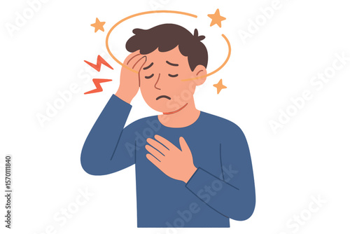 An individual afflicted with vertigo, experiencing confusion, dizziness, and a headache, as depicted in a flat vector illustration representing stress, sickness symptoms, migraine, and hangover
