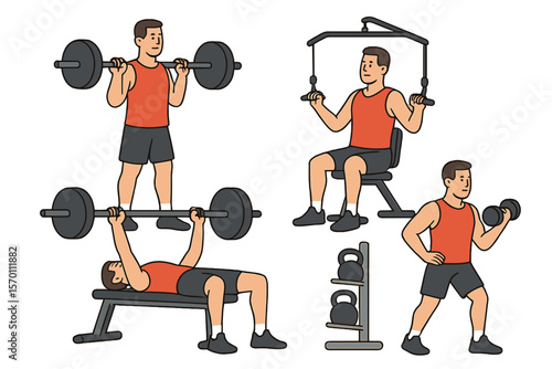 A man is depicted engaging in physical activity at a sports gym, as shown in a vector illustration set featuring a male character exercising to maintain a healthy body through fitness and sport