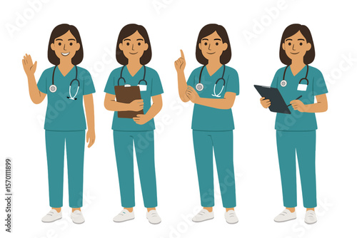 Vector illustration of a female nurse character in various poses, isolated on a background