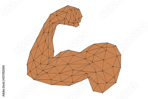 A 3D illustration of a male hand's muscles is depicted as connected dots in a low poly wireframe, symbolizing polygonal physical strength, often associated with bodybuilders and athletes, in a mesh