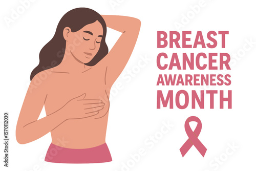A young and beautiful woman is shown doing a breast self-examination in a poster for breast cancer awareness month, focusing on female health and oncology prevention