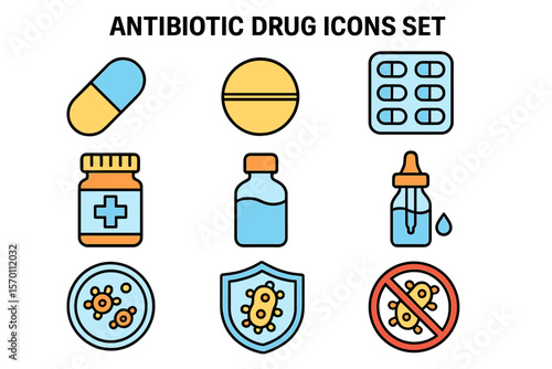 A set of icons representing antibiotic drugs is available, featuring outline vector graphics suitable for web design on a white background