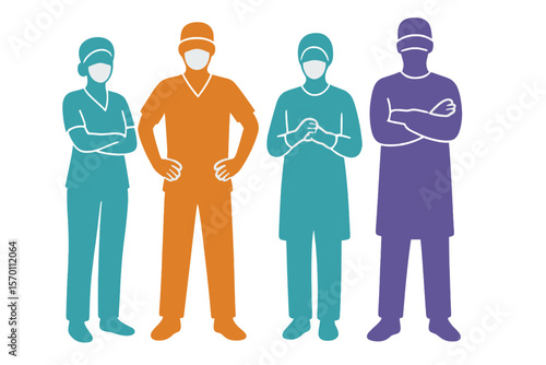 Medical professionals such as nurses or surgeons are often seen wearing colored scrubs in silhouette