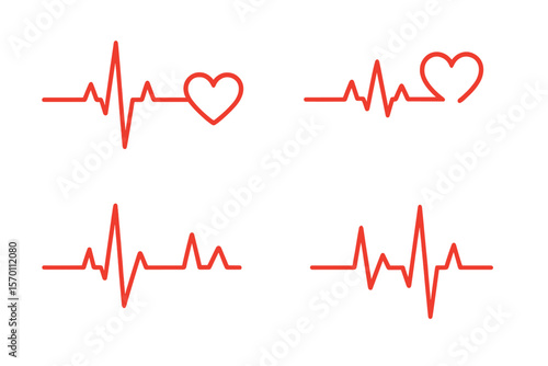 Collection of red heartbeat lines accompanied by a heart symbol, representing cardiology, medical pulse, ECG, and EKG design, as part of healthcare clipart vector illustrations for health monitoring
