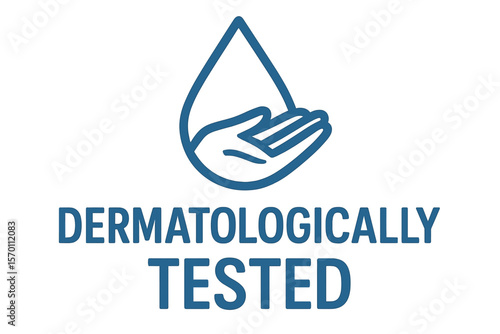A dermatologically tested label featuring a vector design with a water drop and hand logo, indicating a product that has undergone dermatology testing and is clinically proven by dermatologists to be