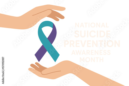 National suicide prevention awareness month is represented by two hands with a suicide awareness prevention ribbon wrapped around them on a dark purple background in a vector design