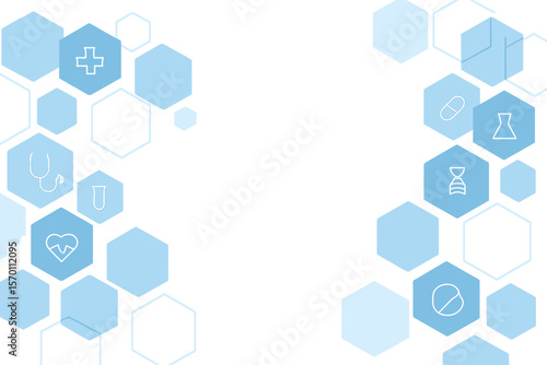 A blue hexagon vector background with an abstract medical theme, representing innovation in medicine, health, technology, and science, and including space for custom text, suitable for posters