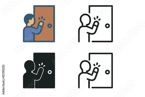 Vector illustrations of a man knocking on a door are available in various styles, including two-colored and black icons in filled, outline, line, and stroke designs suitable for web use