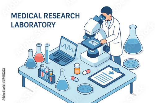 Isometric vector illustration of a medical research laboratory concept, complete with pharmaceutical or chemical lab background, microscope, and equipment, designed as a web banner layout template