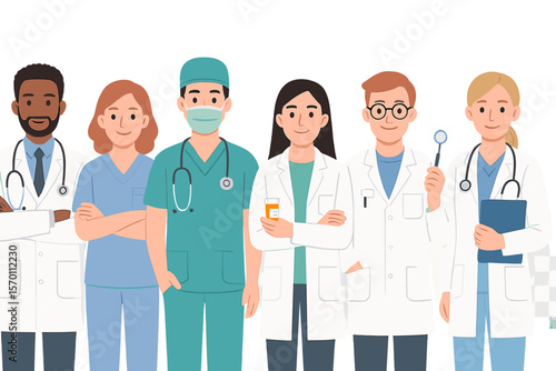 Medical professionals including doctors and nurses are depicted in a hospital setting, along with surgeons, pharmacists, and dentists, all wearing medical uniforms in a flat vector illustration