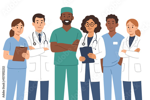 In a hospital setting, various characters are at work, including nurses, doctors, therapists, surgeons, and other medical personnel, all standing together as a team