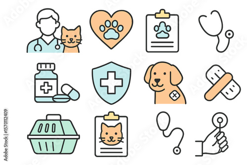 A set of veterinarian icons is available, featuring outline vectors for web design on a white background