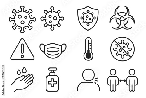 Virus related icons are available as a thin vector icon set in a black and white kit