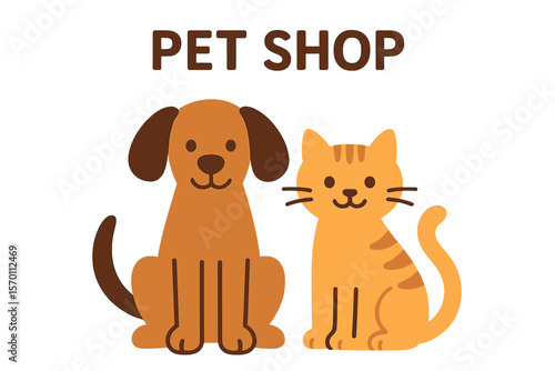 Image of a pet shop on a white background featuring a dog and a cat, representing animals