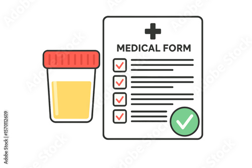 Vector illustration of a clinical checklist document featuring a plastic jar urine test, medical form list, and results data, complete with an approved check mark, symbolizing insurance or medicine