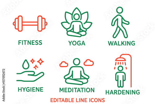 Vector illustration of healthy lifestyle line icons, including fitness, yoga, walking man, hygiene, meditation, and hardening outline pictogram for sport lifestyle, available in red and green color