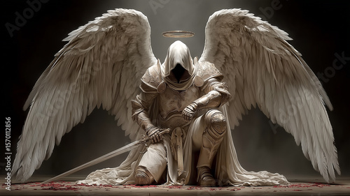 Kneeling Archangel with Sword and Halo in Divine Judgment – Generative AI