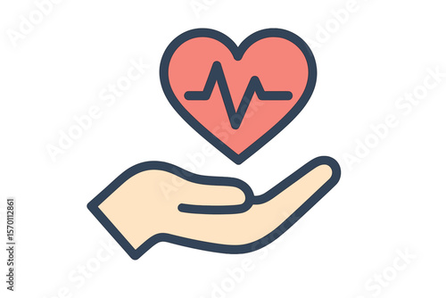 Icon representing the prevention of heart disease, depicted as a hand cradling a heart, symbolizing healthcare and related concepts such as medicine, charity, wellbeing, and medical examination