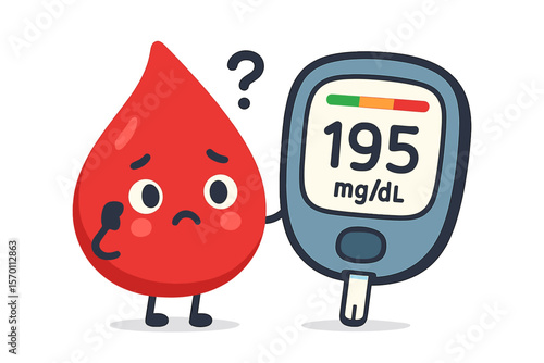 A cartoon blood drop character with a glucometer is depicted in a cute manner, indicating a diabetic glucose measuring device with a border showing sugar levels, presented as a vector illustration of
